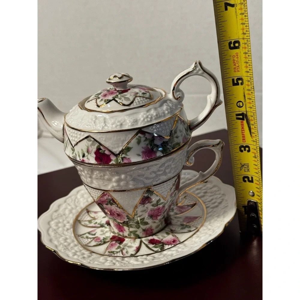 4 piece Grace teaware tea for one Rose Floral Teapot Cup Saucer & cookie‎ tray